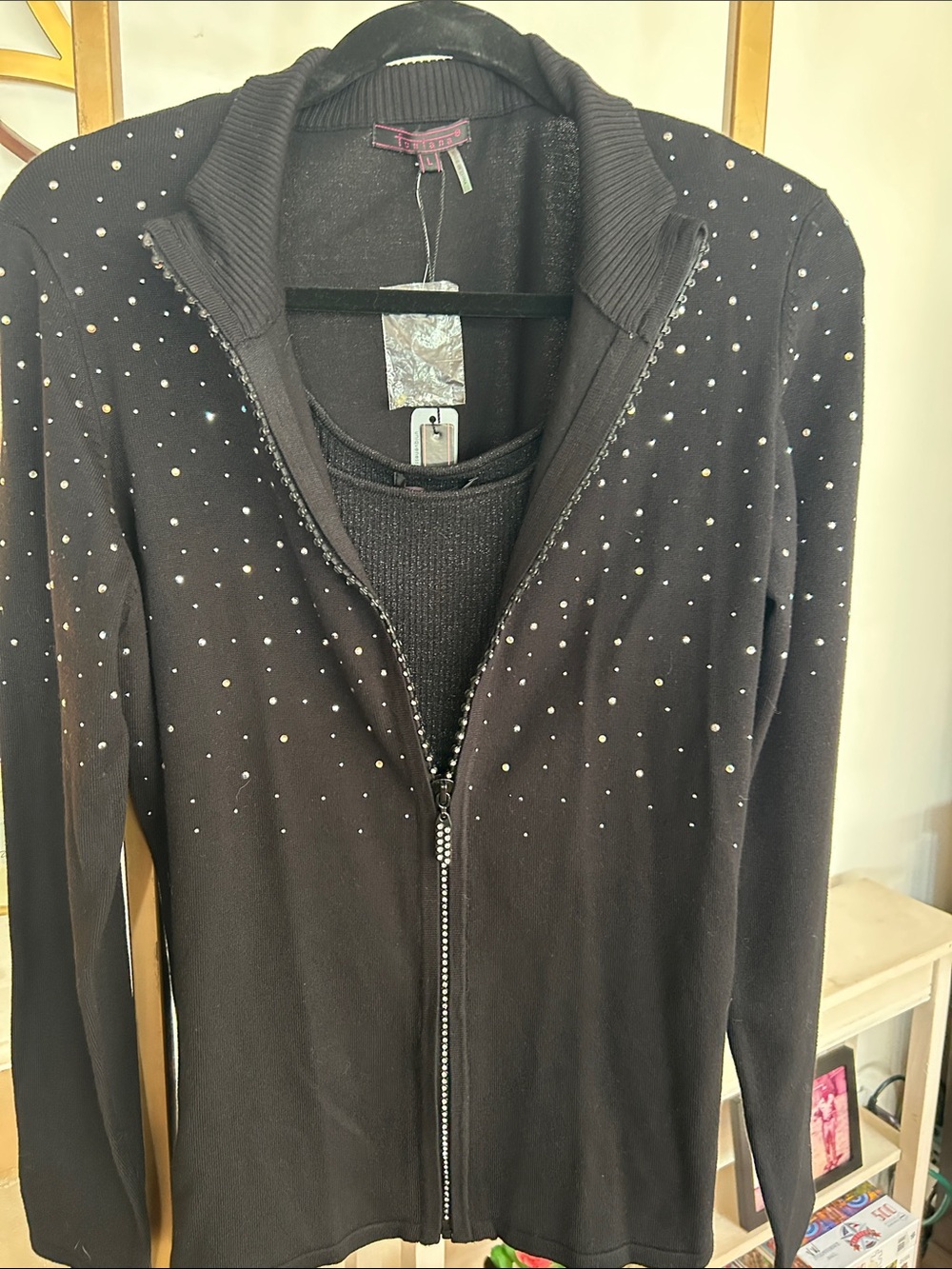 Black Embellished Zip-Front Women's Sweater Twin Set. Jacket & Tank